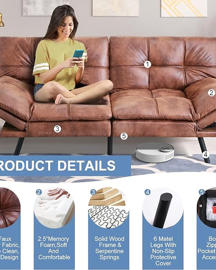 MUUEGM Futon Sofa Bed Memory Foam Convertible Sleeper Couch,Modern Faux Leather Folding Love seat for Living Room,Compact Space,Apartment,Office,Dorm,71" Dx33 Wx31.5 H, Brown - LeafyLoom