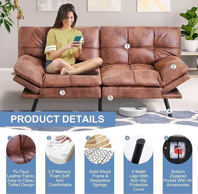 MUUEGM Futon Sofa Bed Memory Foam Convertible Sleeper Couch,Modern Faux Leather Folding Love seat for Living Room,Compact Space,Apartment,Office,Dorm,71" Dx33 Wx31.5 H, Brown - LeafyLoom