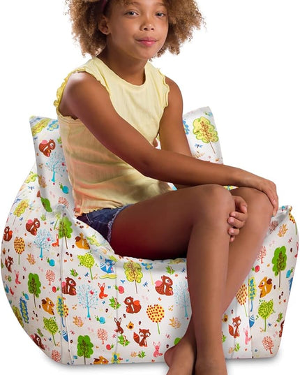 Posh Creations Structured Comfy Bean Bag Chair for Gaming, Reading, and Watching TV, Newport Chair, Canvas - Forest Critters on White - LeafyLoom