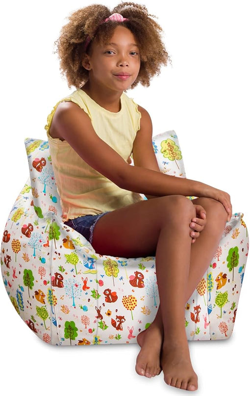 Posh Creations Structured Comfy Bean Bag Chair for Gaming, Reading, and Watching TV, Newport Chair, Canvas - Forest Critters on White - LeafyLoom