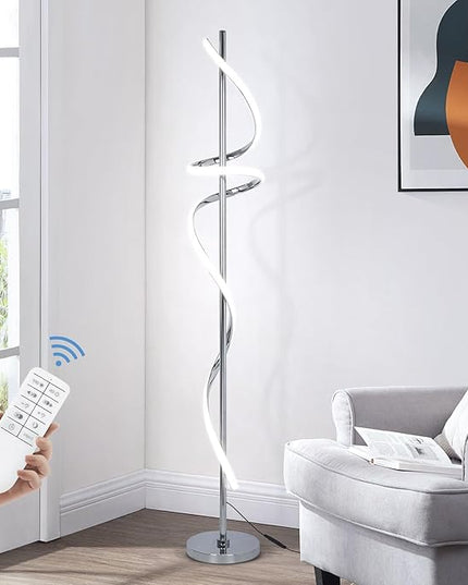 LED Modern Floor Lamp for Living Room,60" Spiral Floor Lamps with Remote Control,48W 3 Colors Stepless Dimmable Floor Standing Lamp Reading Corner Floor Tall Lamp for Bedroom Office - Chrome - LeafyLoom