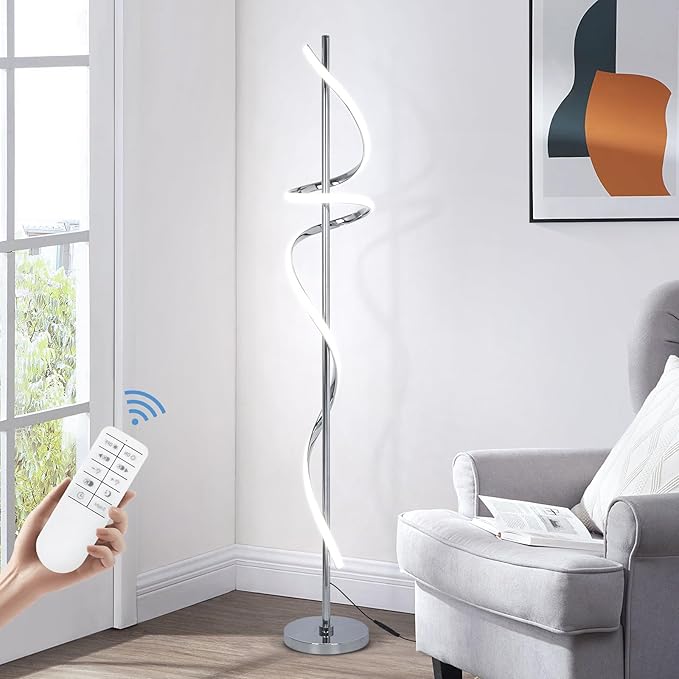 LED Modern Floor Lamp for Living Room,60" Spiral Floor Lamps with Remote Control,48W 3 Colors Stepless Dimmable Floor Standing Lamp Reading Corner Floor Tall Lamp for Bedroom Office - Chrome - LeafyLoom