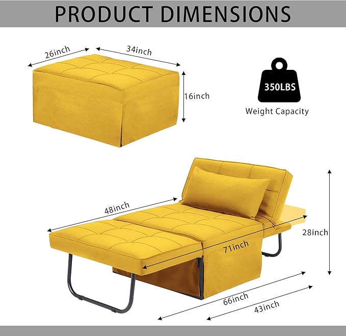 Sofa Bed, 4 in 1 Multi-Function Folding Ottoman Breathable Linen Couch Bed with Adjustable Backrest Modern Convertible Chair for Living Room Apartment Office, Yellow - LeafyLoom