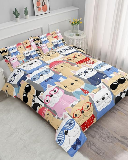 Datura home Dog Comforter Beddding Set for Kids Children,Puppy Pug Cute Dog Pattern Cartoon Career Pet Bedding Set with 1 Comforter and 2 Pillowcases(Dog Full) - LeafyLoom
