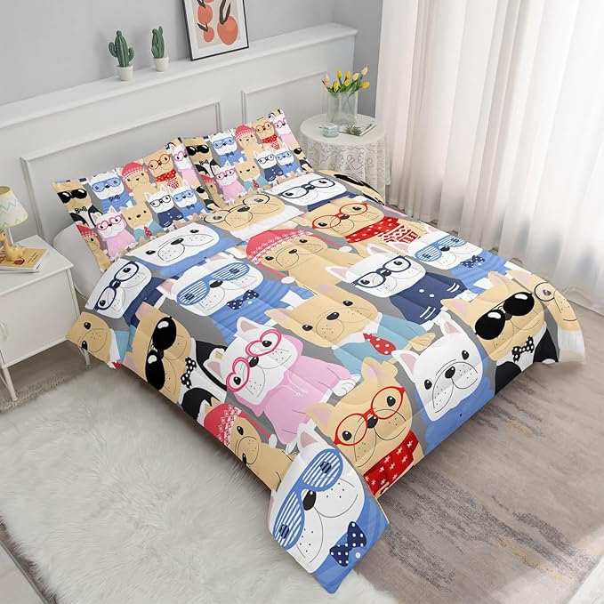 Datura home Dog Comforter Beddding Set for Kids Children,Puppy Pug Cute Dog Pattern Cartoon Career Pet Bedding Set with 1 Comforter and 2 Pillowcases(Dog Queen) - LeafyLoom