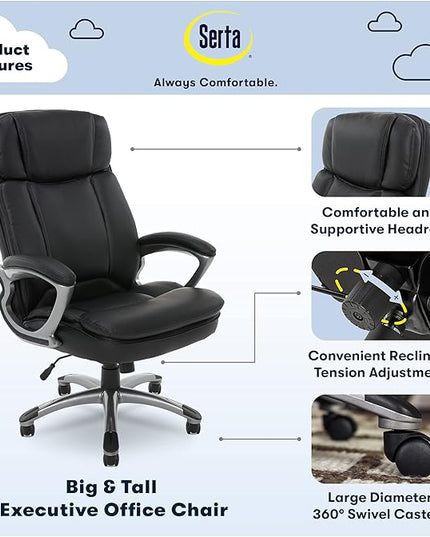 Serta Fairbanks Big and Tall High Back Executive Office Ergonomic Gaming Computer Chair with Layered Body Pillows, Contoured Lumbar Zone, Black - LeafyLoom