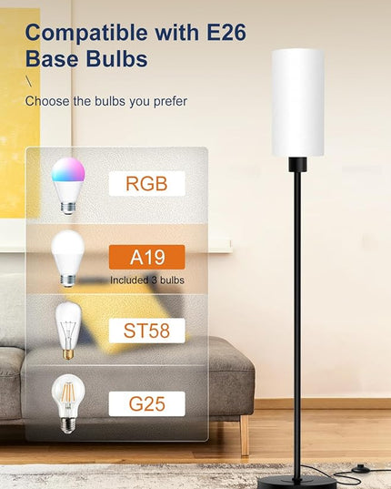 Floor Lamp for Living Room, Modern Standing Floor Lamp with E26 Socket, LED Corner Floor Lamp 68 Inches Tall for Office, Bedroom, Reading or Work - Black with White Lampshade, Bulb Not Included - LeafyLoom
