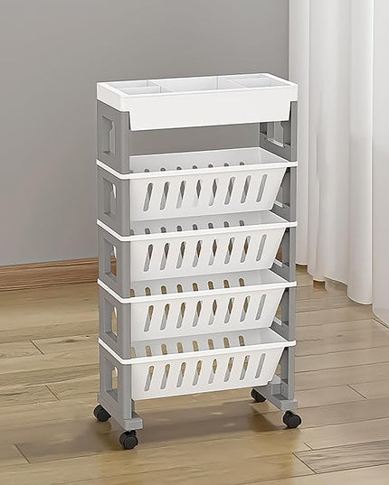 5 Tier Book Rack Storage Bookshelf, Mobile Bookshelf with Wheels, Removable Movable Unique Bookcase, Rolling Book Cart, Bookshelves for Students Study in Dorm Classroom Living Room School(White Grey) - LeafyLoom
