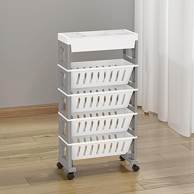 5 Tier Book Rack Storage Bookshelf, Mobile Bookshelf with Wheels, Removable Movable Unique Bookcase, Rolling Book Cart, Bookshelves for Students Study in Dorm Classroom Living Room School(White Grey) - LeafyLoom