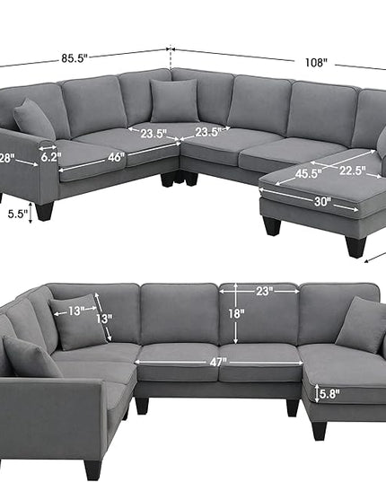 Sectional Couch-108 Modern U Shape Sectional Sofa, 7 Seat Modular Sectional Sofa with 3 Pillows, for Living Room, Apartment, Office - LeafyLoom
