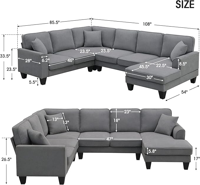 Sectional Couch-108 Modern U Shape Sectional Sofa, 7 Seat Modular Sectional Sofa with 3 Pillows, for Living Room, Apartment, Office - LeafyLoom
