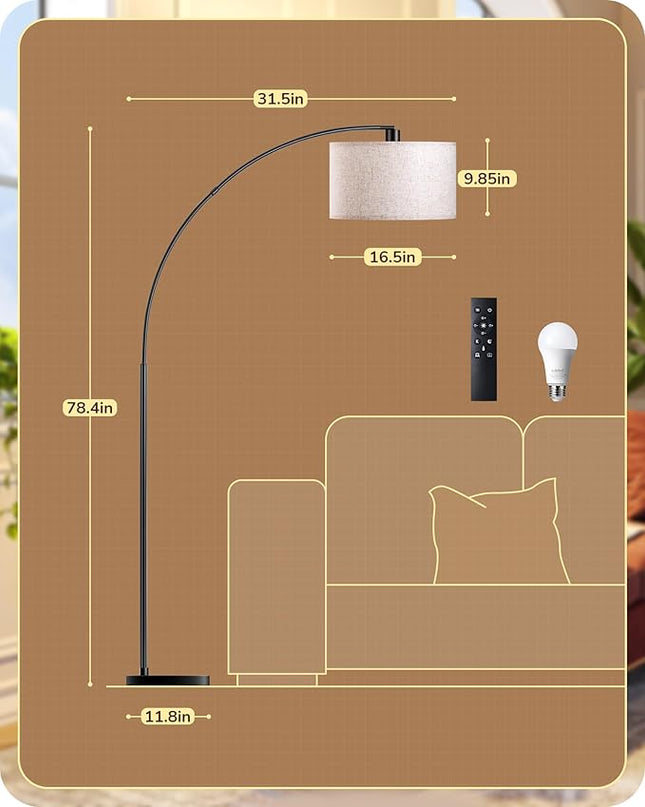 EDISHINE 78.3″ Dimmable Modern Arc Floor Lamp with Remote, Black Floor Lamp with Stepless Dimmable Bulb & 5 Color Temperature, Mid Century Standing Light for Living Room, Bedroom, Office, Black - LeafyLoom