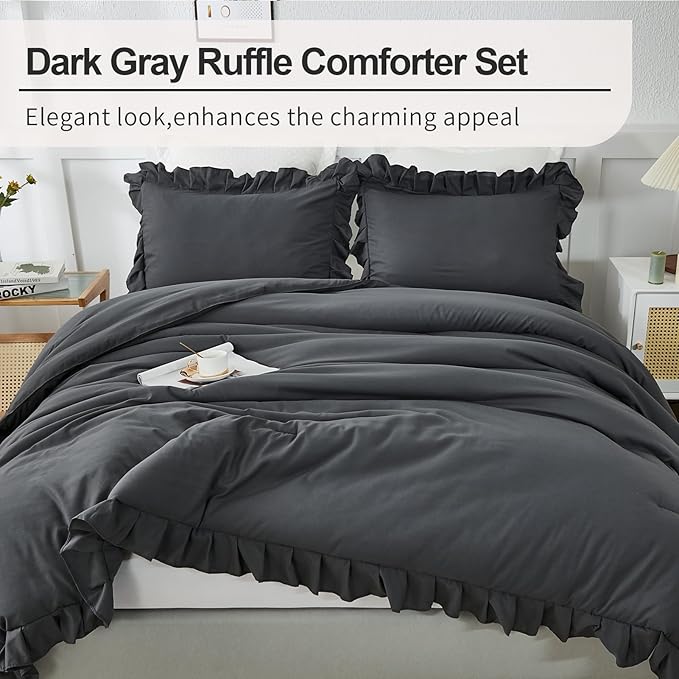 Andency Dark Gray Twin Size Comforter, 2 Pieces Kids All Season Ruffle Bed Comforter Set, Boho Lightweight Solid Farmhouse Shabby Chic Bedding Comforters & Sets (66x90Inch Comforter) - LeafyLoom