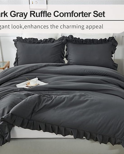 Andency Dark Gray King Comforter Set(104x90Inch), 3 Pieces(1 Ruffle Comforter and 2 Pillowcases) Lightweight and Fluffy Bedding Comforter Set, All Season Soft Microfiber Shabby Chic Bedding Set - LeafyLoom