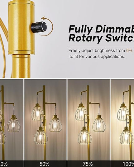 Dimmable Industrial Floor Lamp, Farmhouse Floor Lamps with 3 Elegant Teardrop Cages, Gold Rustic Floor Lamps Tall Retro Pole Lamp for Farmhouse Living Room Bedroom Office, LED Bulbs Included - LeafyLoom