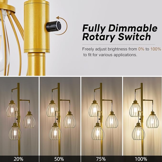 Dimmable Industrial Floor Lamp, Farmhouse Floor Lamps with 3 Elegant Teardrop Cages, Gold Rustic Floor Lamps Tall Retro Pole Lamp for Farmhouse Living Room Bedroom Office, LED Bulbs Included - LeafyLoom
