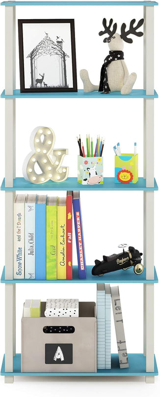 Furinno Turn-N-Tube 5-Tier Multipurpose Shelf / Display Rack / Storage Shelf / Bookshelf, Square Tubes, Light Blue/White - LeafyLoom