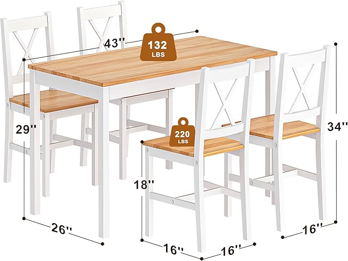sogesfurniture 5-Piece Dining Table Set, Pine Wood Kitchen Table with 4 Chairs,Indoor Modern Rectangular Dining Table Furniture Set for Kitchen, Dining Room, Dinette, Breakfast Nook, Oak&White - LeafyLoom