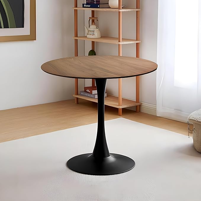 NicBex 31.5Inch Round Dining Table,Minimalist Kitchen Table with MDF Walnut Tabletop and Pedestal Base for 2 to 4,Leisure Coffee Table for Kitchen,Small Space and Living Room,Space-Saving,Walnut+Black - LeafyLoom