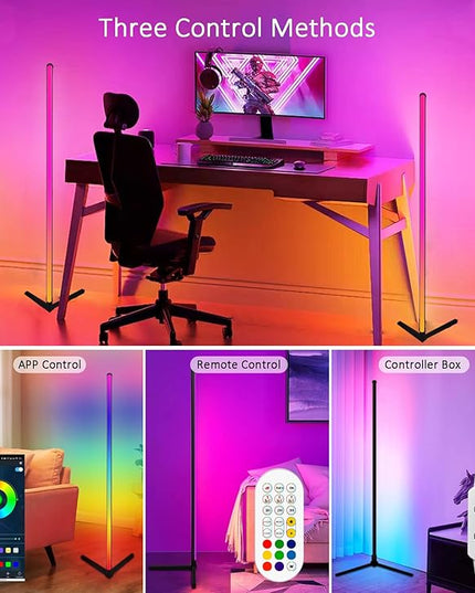 RGB Corner Floor Lamp, Color Changing Mood Lighting with App and Remote Control, Music Sync/DIY Colors, Modern LED Floor Lamp for Bedroom Living Rooms Gaming Room, 16 Million Colors & Scene Mode - LeafyLoom