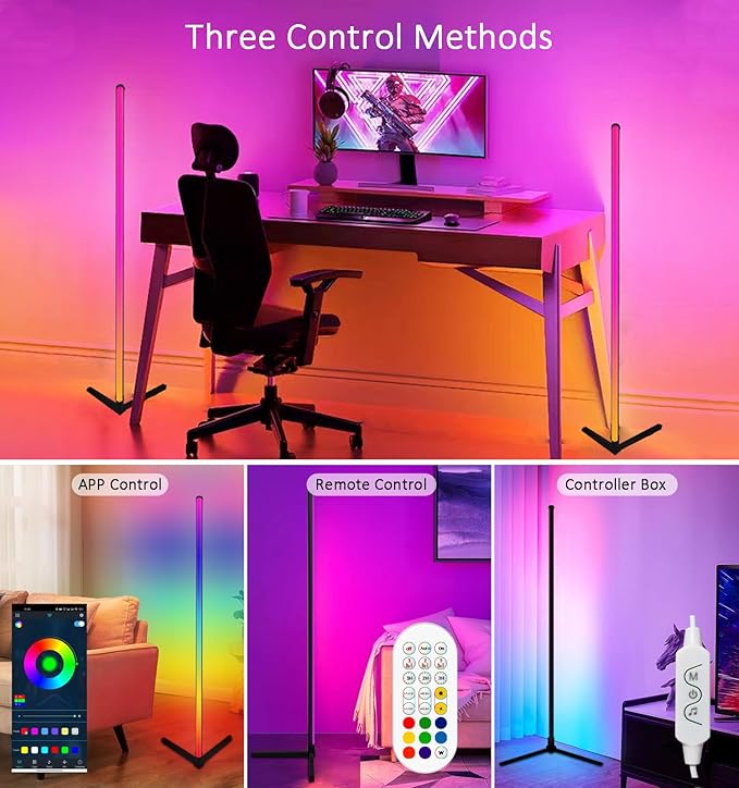 RGB Corner Floor Lamp, Color Changing Mood Lighting with App and Remote Control, Music Sync/DIY Colors, Modern LED Floor Lamp for Bedroom Living Rooms Gaming Room, 16 Million Colors & Scene Mode - LeafyLoom