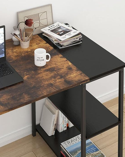 FurnitureR Computer 47.2 inch Rustic Student Laptop Writing Storage Shelves Space Saving, Simple Style PC Home Office Desk, L47.2 x W18.9 x H29.1, Black,Brown - LeafyLoom