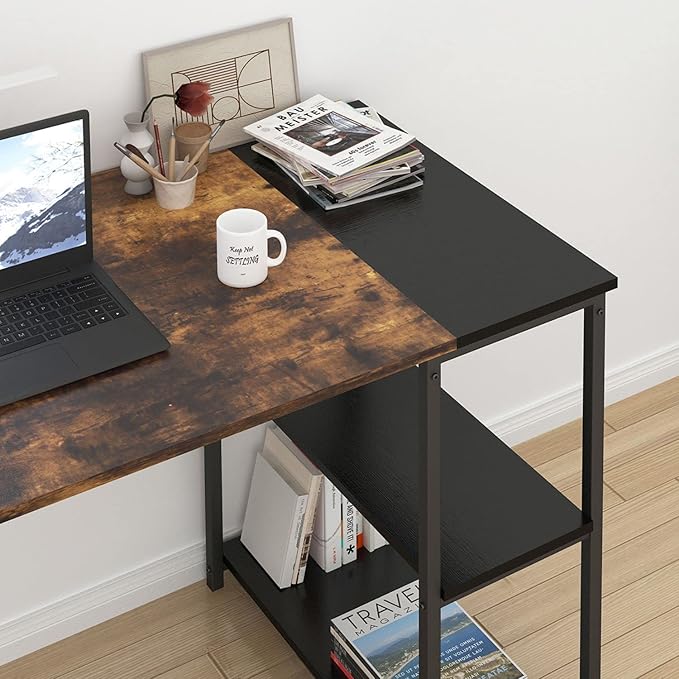 FurnitureR Computer 47.2 inch Rustic Student Laptop Writing Storage Shelves Space Saving, Simple Style PC Home Office Desk, L47.2 x W18.9 x H29.1, Black,Brown - LeafyLoom