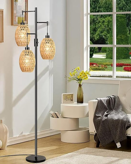 Boho Floor Lamps for Living Room Bedroom Rattan Floor Lamp With Three Wicker Woven Lampshades,Dimmable Rustic Floor Lamp Black Standing Lamp 68" Farmhouse Tall Three Floor Lamp For Bedroom Corner - LeafyLoom