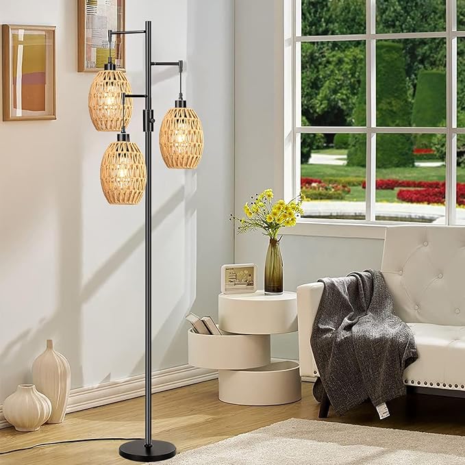 Boho Floor Lamps for Living Room Bedroom Rattan Floor Lamp With Three Wicker Woven Lampshades,Dimmable Rustic Floor Lamp Black Standing Lamp 68" Farmhouse Tall Three Floor Lamp For Bedroom Corner - LeafyLoom