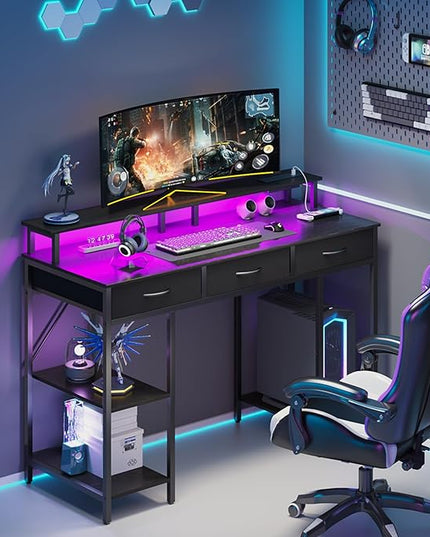 Yoobure Computer Desk with Drawers, Office Desk with LED Lights & Outlets, Small Desk with Storage Shelves, Gaming Desk 48" Home Office Desks with Monitor Stand, Writing Desk for Bedroom Small Spaces - LeafyLoom