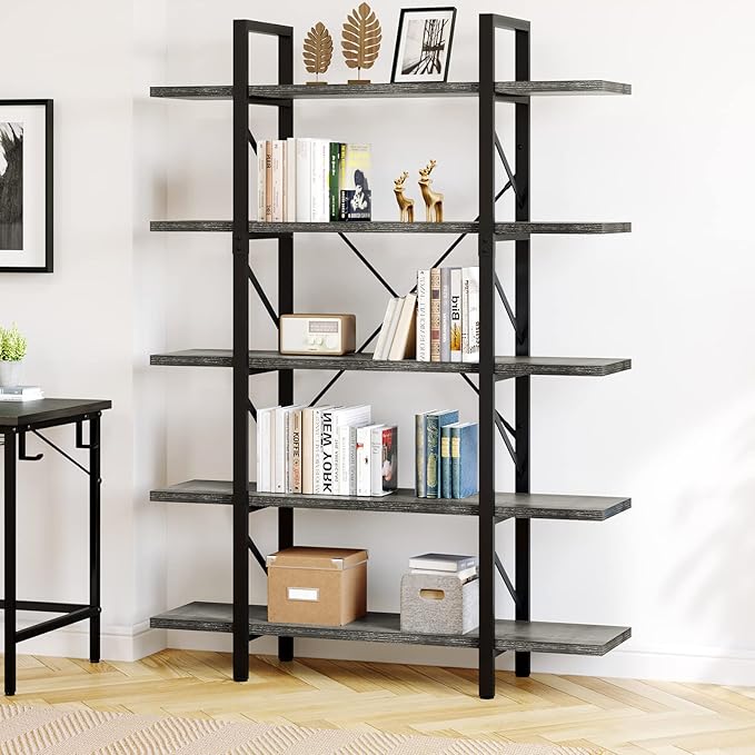 YITAHOME 5 Tier Bookshelf, 70.9" Tall Industrial Bookcase, Wide Open Display Storage Book Shelf for Living Room/Bedroom/Home/Office, Charcoal Gray - LeafyLoom