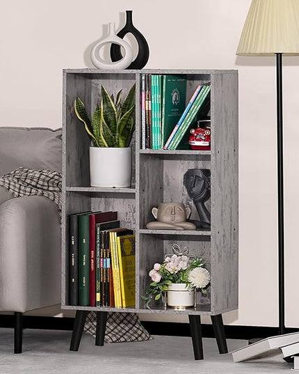 5 Cube Small Bookshelf,3 Tier Mid-Century Modern Bookcase with Legs,Wood Bookshelves Storage Organizer Shelf,Free Standing Narrow Book Shelves,Rustic Grey Corner Bookcases for Bedroom,Living Room - LeafyLoom