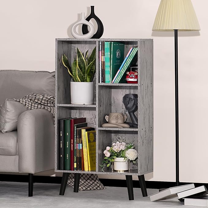 5 Cube Small Bookshelf,3 Tier Mid-Century Modern Bookcase with Legs,Wood Bookshelves Storage Organizer Shelf,Free Standing Narrow Book Shelves,Rustic Grey Corner Bookcases for Bedroom,Living Room - LeafyLoom