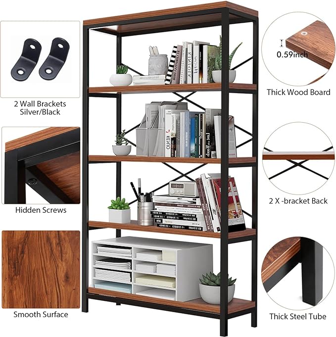 Himimi Industrial Bookshelf 5-Tier, Bookcase 58" H Ladder Shelf, Storage Shelves Rack Shelf Unit, Accent Furniture Metal Frame, Home Office Furniture for Bathroom, Living Room, Vintage Brown - LeafyLoom