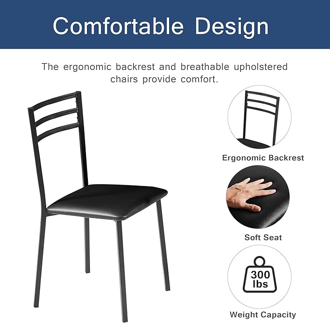 VECELO 3 Piece Kitchen Dining Room Set, Wood Round Table for Breakfast Nook Small Space, Dinette with 2 Cushioned Chairs, Matte Black - LeafyLoom