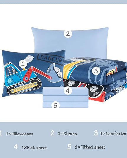 Truck Tractor Excavator Twin Comforter Set with Sheets - 5 Pieces Kids Twin Bedding Sets for Boys, Glow in The Dark Construction Trucks Twin Bed in a Bag for Kids, Teens - LeafyLoom
