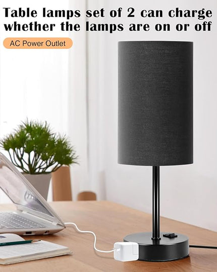 ZJOJO Desk Lamps Set of 2 Table Lamp, Bedside Lamps with 3-Color Modes, AC Outlet, Linen Round Lampshade Nightstand Lamp for Livingroom Nightstand Office Reading Working - LeafyLoom