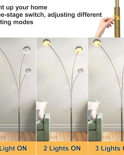 Depuley 3-Light Modern LED Floor Lamp, Adjustable Metal Tall Standing Lamps with Marble Base, Dimmable Arc Floor Lamp with Flexible Rotating Lights for Living Room, Bedroom(Silver, E12 Bulbs Included) - LeafyLoom