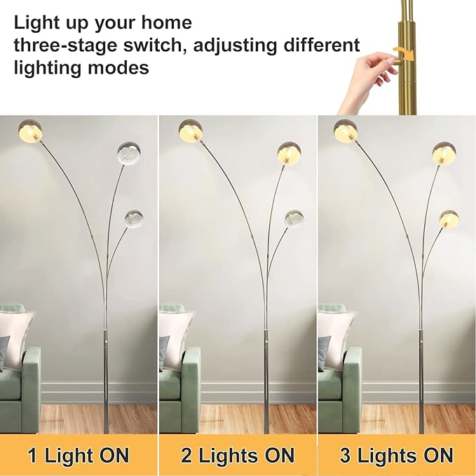 Depuley 3-Light Modern LED Floor Lamp, Adjustable Metal Tall Standing Lamps with Marble Base, Dimmable Arc Floor Lamp with Flexible Rotating Lights for Living Room, Bedroom(Silver, E12 Bulbs Included) - LeafyLoom