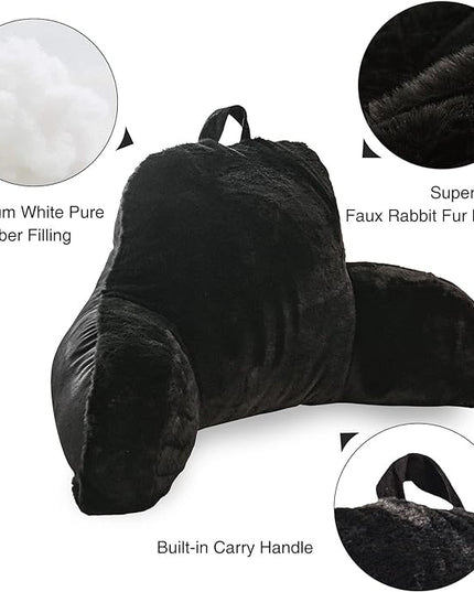 Aimuan Reading Pillow Bed Rest Pillow with Arms Rabbit Fur Cushion for Adults Teens Incline Rest Sitting up & Sleeping Snoring Pillow with Pregnancy Lumbar Back Support (Standard, Black) - LeafyLoom