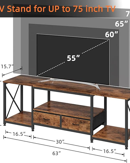 TV Stand with Fabric Drawers for 65 70 75 Inches TV - Entertainment Center and Industrial TV Console Table with Open Storage Shelves for Living Room, Bedroom - 63" Rustic Brown - LeafyLoom