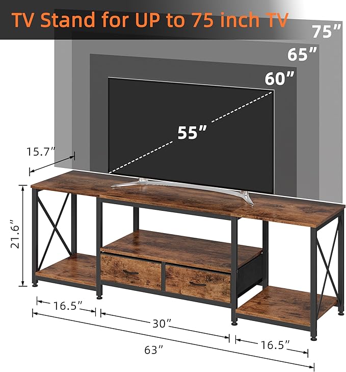 TV Stand with Fabric Drawers for 65 70 75 Inches TV - Entertainment Center and Industrial TV Console Table with Open Storage Shelves for Living Room, Bedroom - 63" Rustic Brown - LeafyLoom