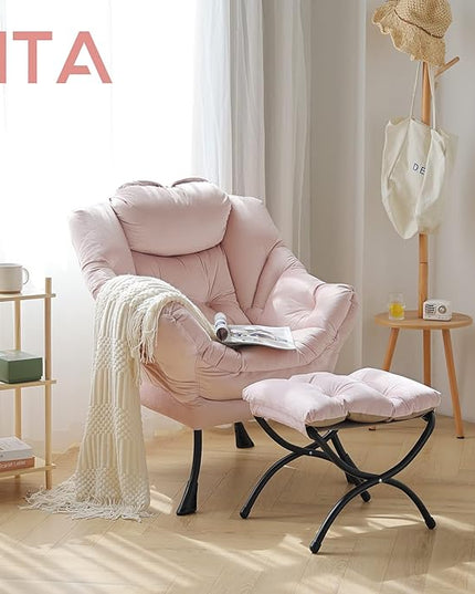 LITA Lazy Chair with Ottoman, Modern Accent Leisure Upholstered Sofa Chair, Contemporary Lounge Reading Chair with Armrests and a Side Pocket for Living Room, Bedroom & Small Space, Pink - LeafyLoom