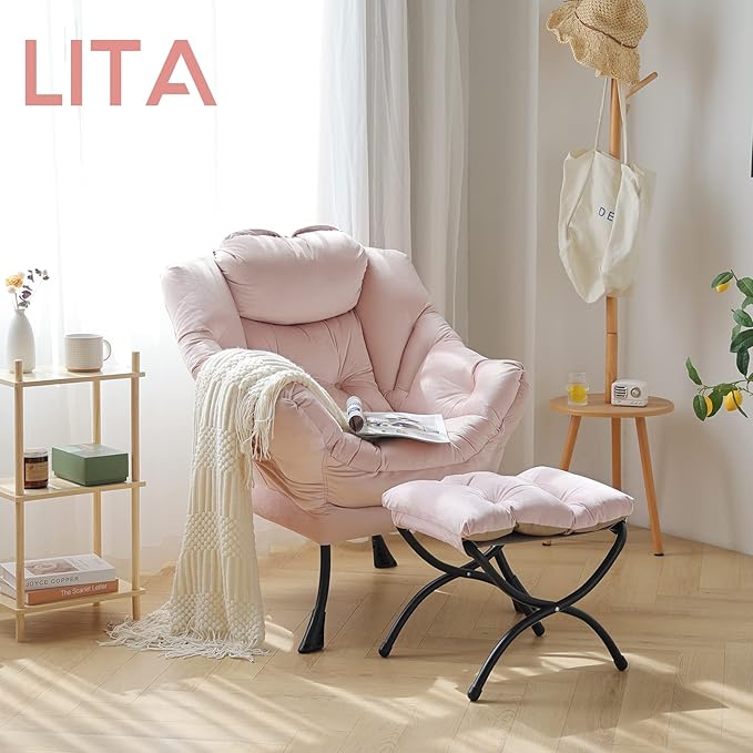 LITA Lazy Chair with Ottoman, Modern Accent Leisure Upholstered Sofa Chair, Contemporary Lounge Reading Chair with Armrests and a Side Pocket for Living Room, Bedroom & Small Space, Pink - LeafyLoom