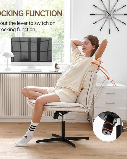 EMIAH Armless Office Desk Chair No Wheels Faux Fur Vanity Mid-Back Ergonomic Home Computer Comfortable Adjustable Swivel Furry Task Chair with Thickened Cushion - LeafyLoom