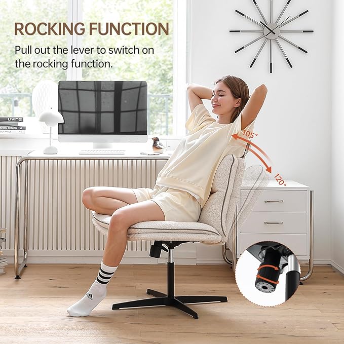 EMIAH Armless Office Desk Chair No Wheels Faux Fur Vanity Mid-Back Ergonomic Home Computer Comfortable Adjustable Swivel Furry Task Chair with Thickened Cushion - LeafyLoom