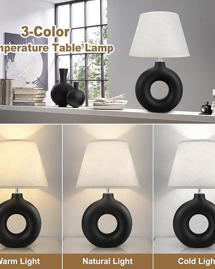 Black Ceramic Table Lamp for Living Room Bedroom, 21" Modern Bedside Lamps with 3 Color Temperature Farmhouse Rustic Table Lamps for Night Stands, Dorm, Office, Home Décor (Bulb Included) - LeafyLoom