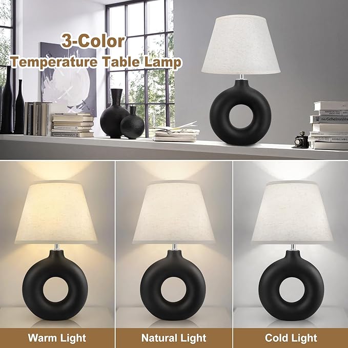 Black Ceramic Table Lamp for Living Room Bedroom, 21" Modern Bedside Lamps with 3 Color Temperature Farmhouse Rustic Table Lamps for Night Stands, Dorm, Office, Home Décor (Bulb Included) - LeafyLoom