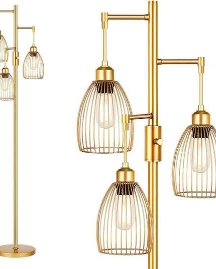 Dimmable Floor Lamp, Industrial Floor Lamps for Living Room, Gold Tree Lamp Standing Lamp Tall Lamps with 3 Elegant Teardrop Cage Head & 800 Lumens LED Bulbs for Living room Bedroom Office - LeafyLoom