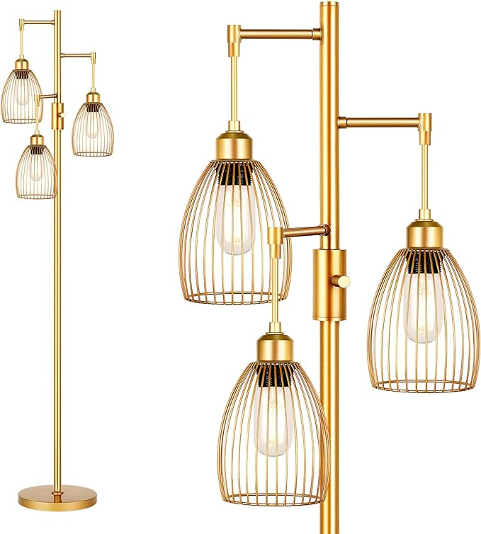 Dimmable Floor Lamp, Industrial Floor Lamps for Living Room, Gold Tree Lamp Standing Lamp Tall Lamps with 3 Elegant Teardrop Cage Head & 800 Lumens LED Bulbs for Living room Bedroom Office - LeafyLoom